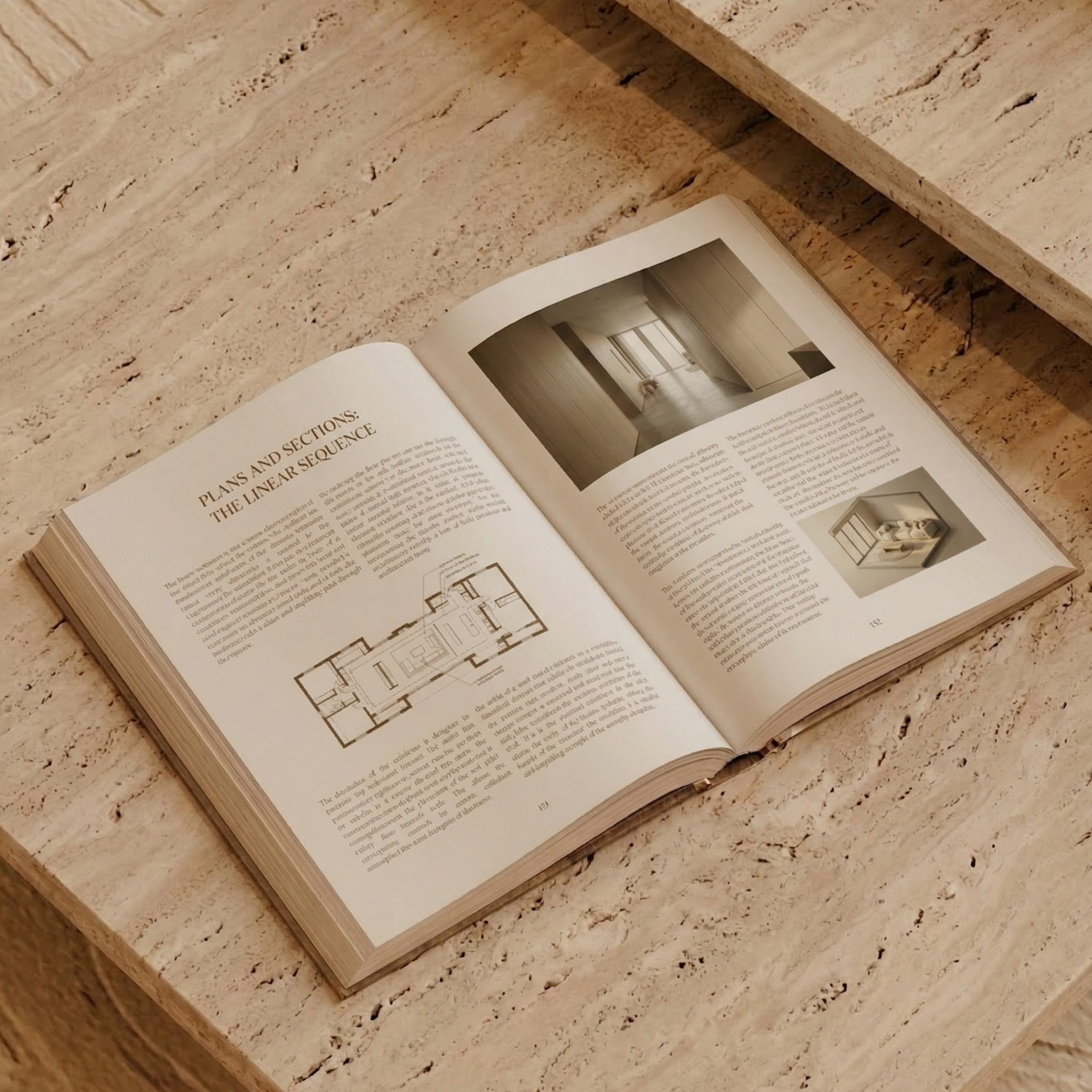 The Architecture of Intention hardcover coffee table book by DT Home displayed and opened in a minimalist modern living room. on a travertine coffee table.