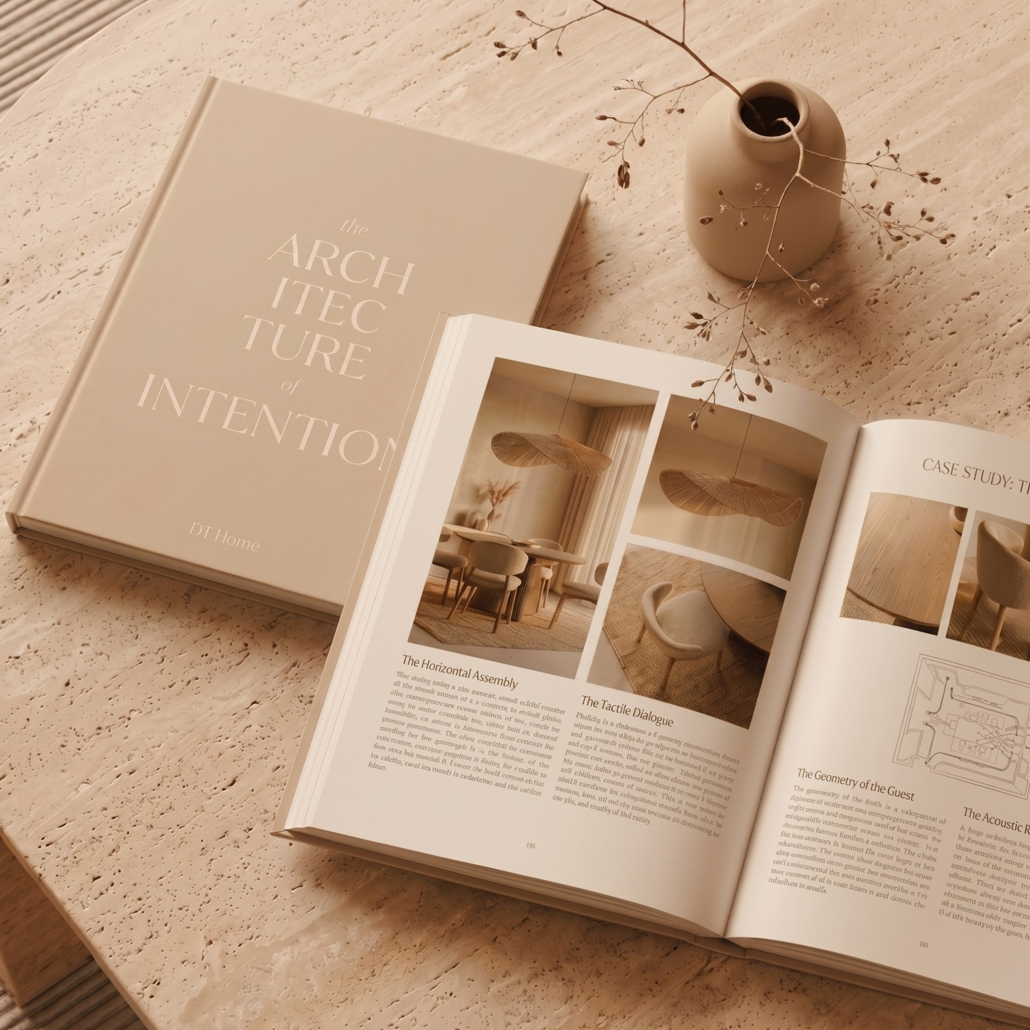 The Architecture of Intention hardcover coffee table book by DT Home displayed in a minimalist modern living room.
