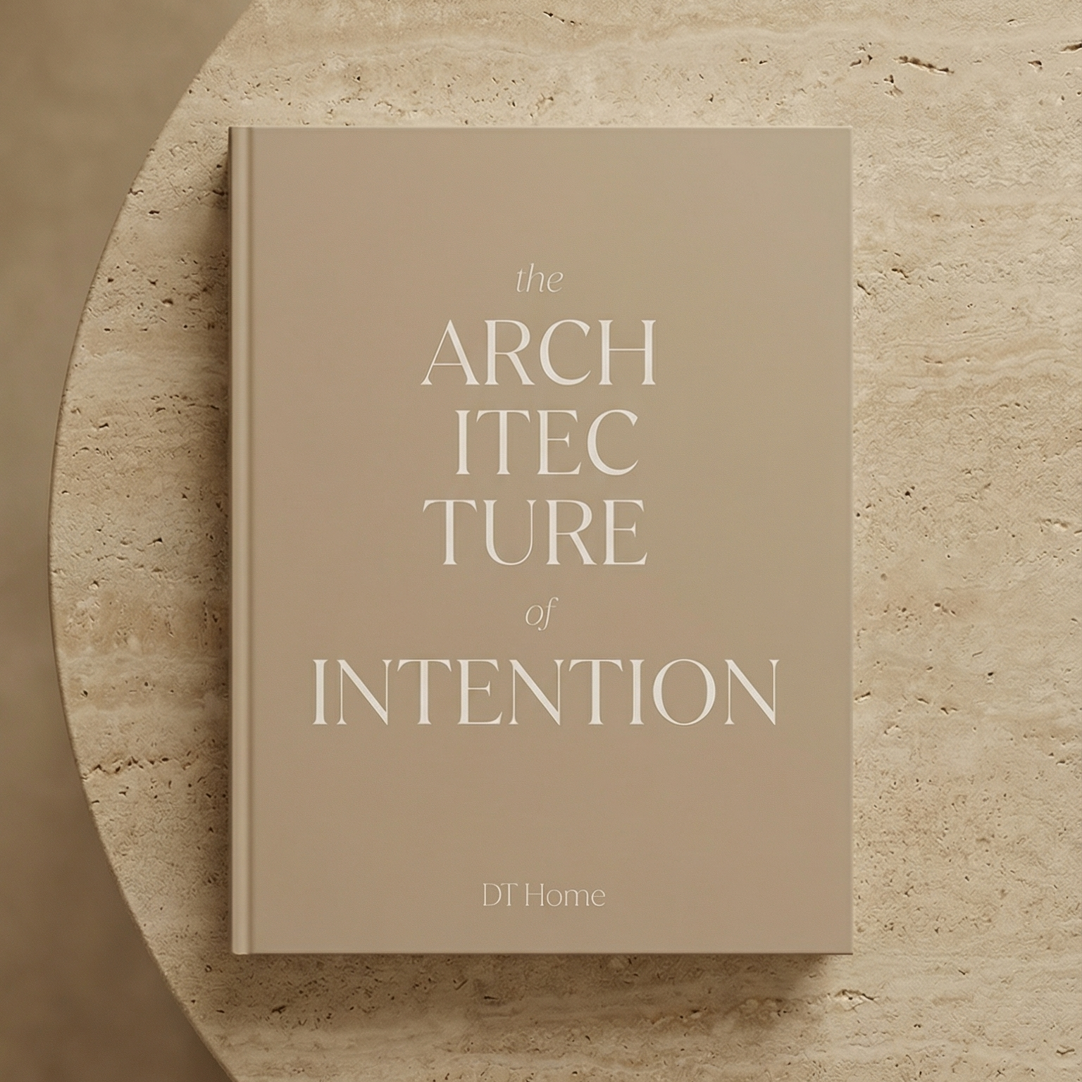Book titled 'The Architecture of Intention' on a circular wooden platform with a beige background