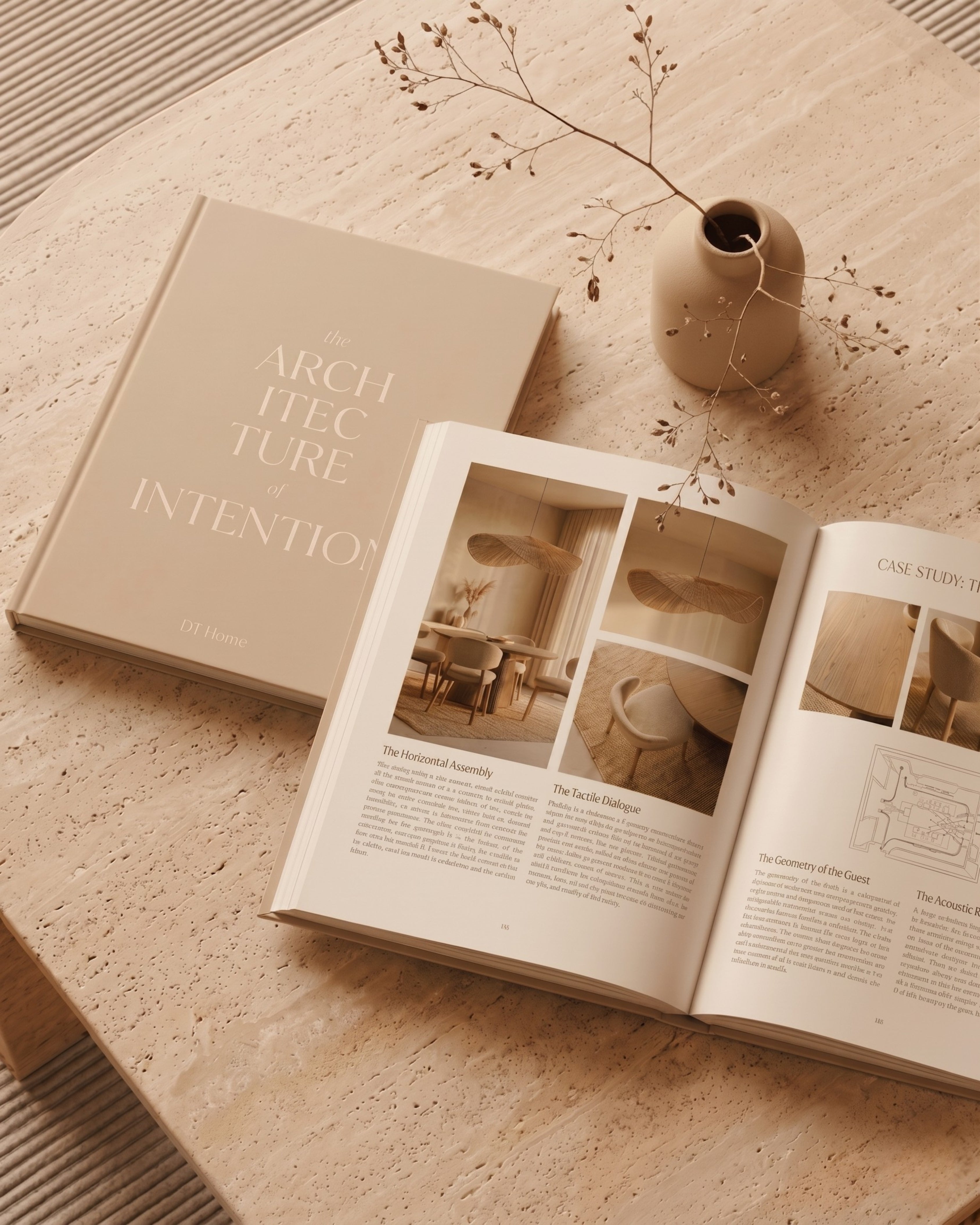 The Architecture of Intention hardcover coffee table book by DT Home displayed in a minimalist modern living room.